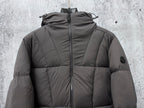 Long padded jacket with hood and full-zip front, dark gray