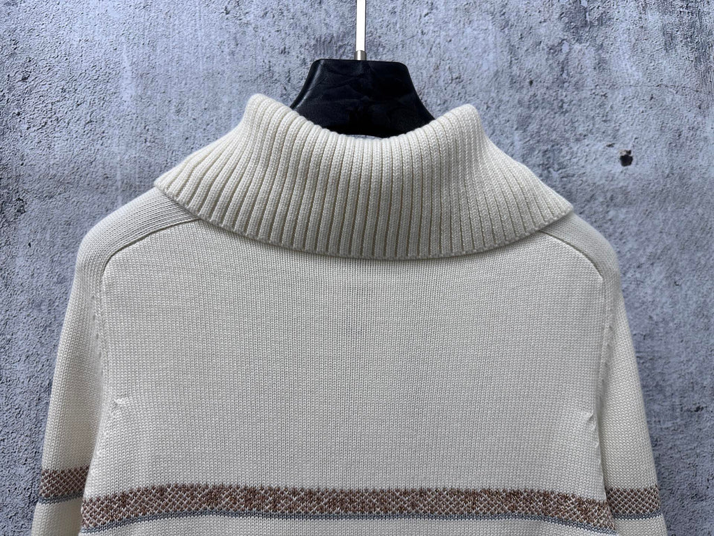 Dior knit sweater side view with ribbed turtleneck-style collar and stripe band