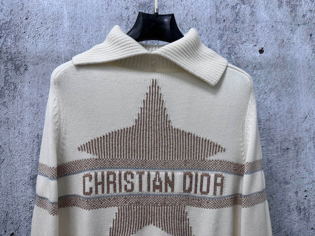 Dior knit sweater front with Christian Dior logo, star knit and stripe bands