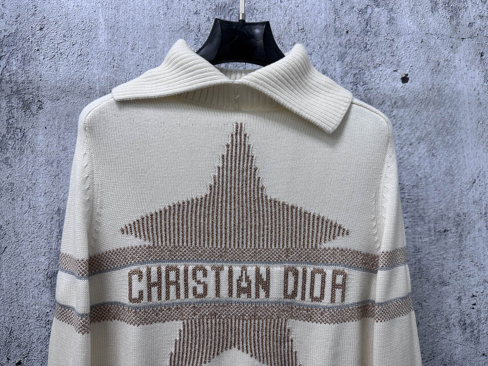Dior knit sweater front with Christian Dior logo, star knit and stripe bands