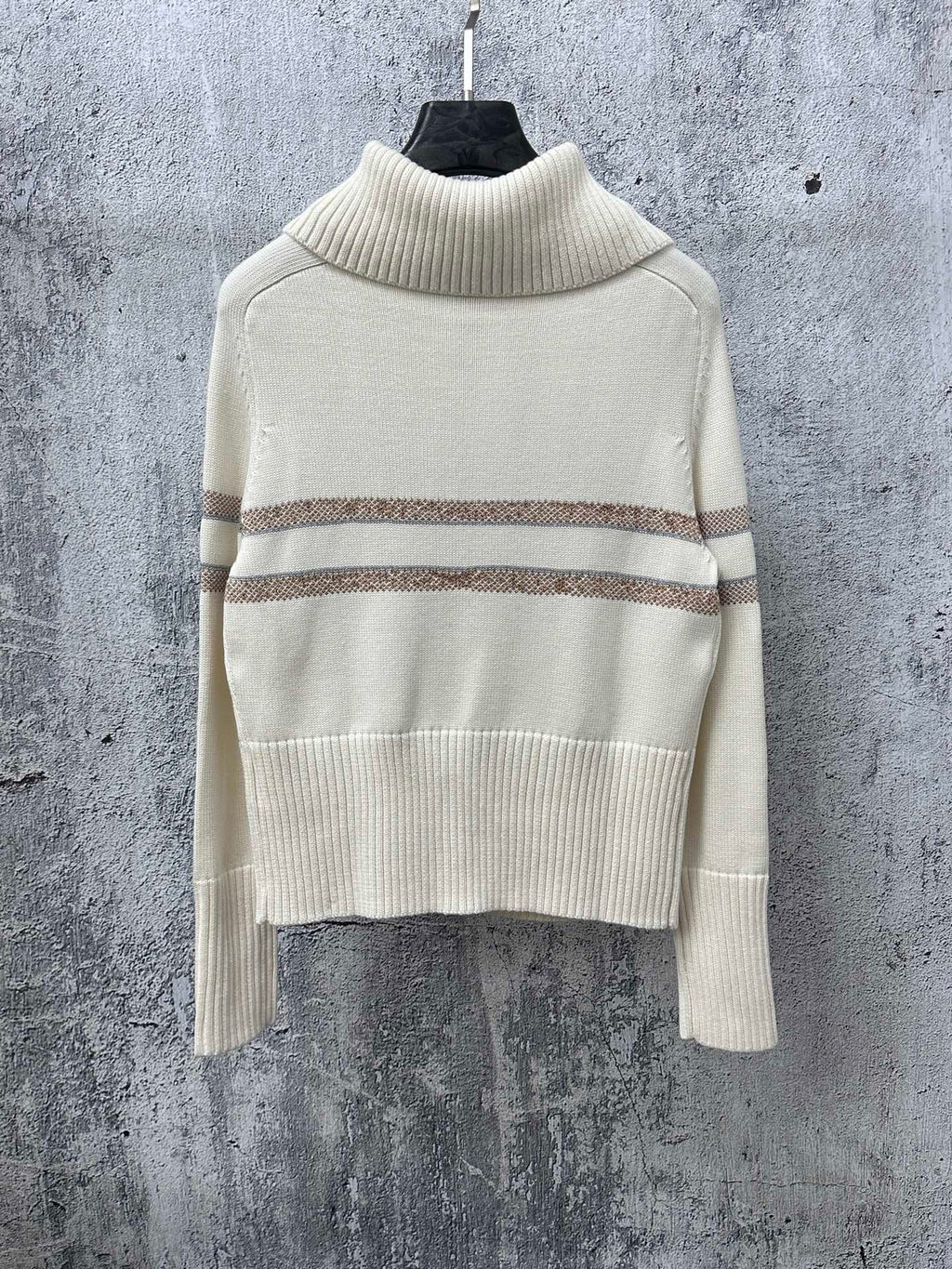 Dior knit sweater back view with ribbed collar and horizontal stripe detail