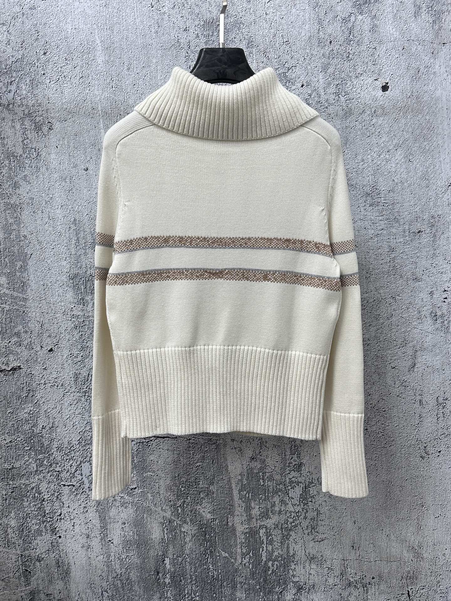 Dior knit sweater back view with ribbed collar and horizontal stripe detail