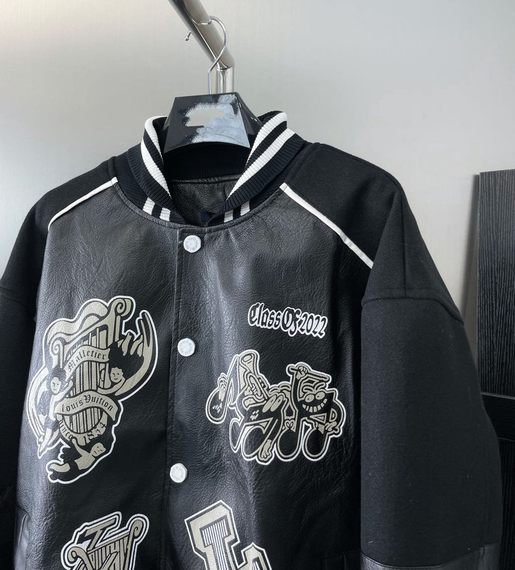 Louis Vuitton leather-look varsity jacket with button front and embroidered front graphic