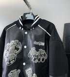 Louis Vuitton leather-look varsity jacket with button front and embroidered front graphic