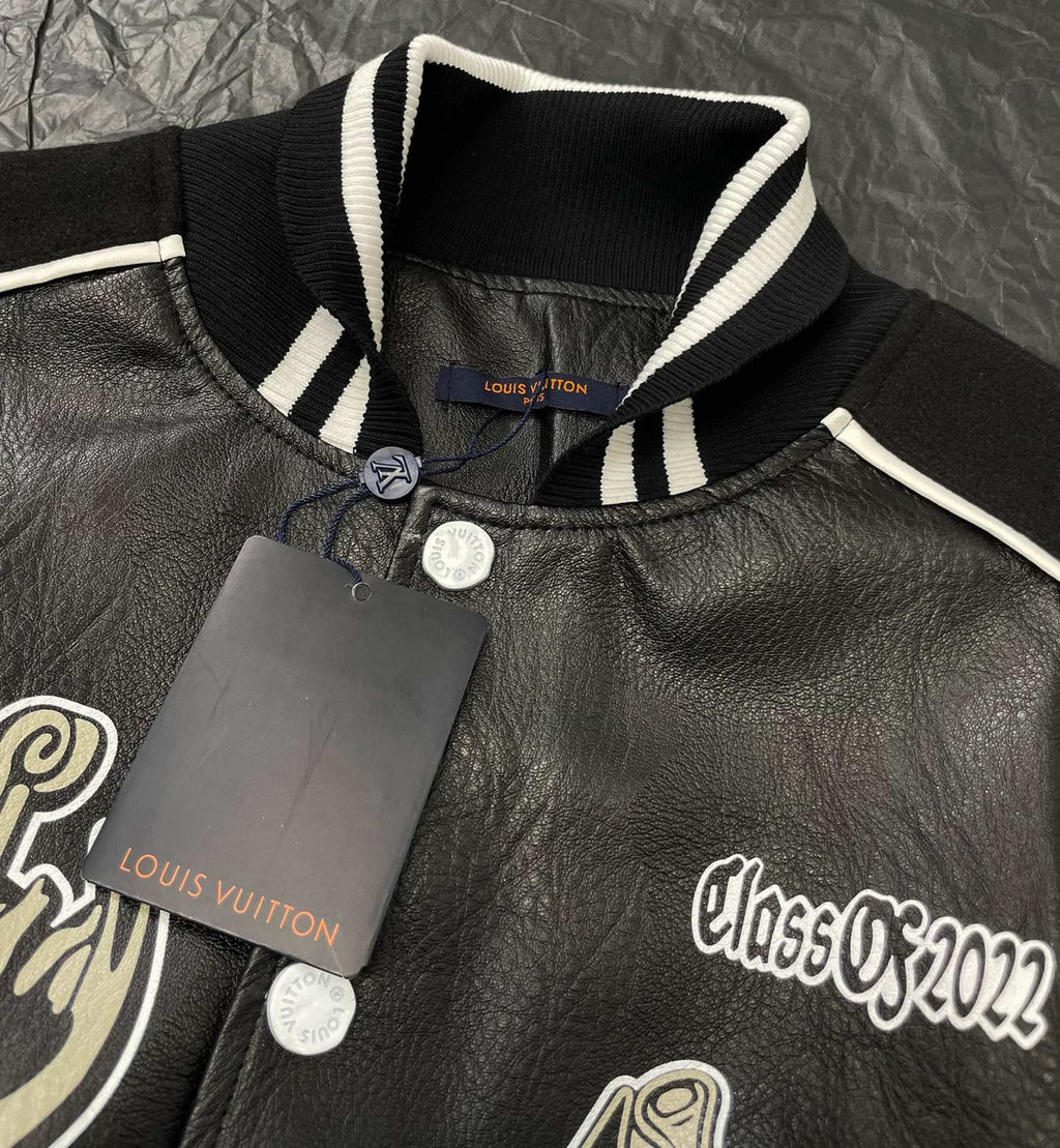 Louis Vuitton leather-look varsity jacket collar with striped rib trim and button placket