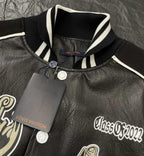 Louis Vuitton leather-look varsity jacket collar with striped rib trim and button placket
