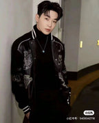 Louis Vuitton long varsity jacket, black with white striped collar and graphic patch sleeves