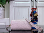 Louis Vuitton light pink mini bag with embossed monogram, long strap and side profile