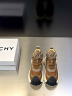 Moncler sneakers in tan suede with beige laces and chunky white sole, logo patch