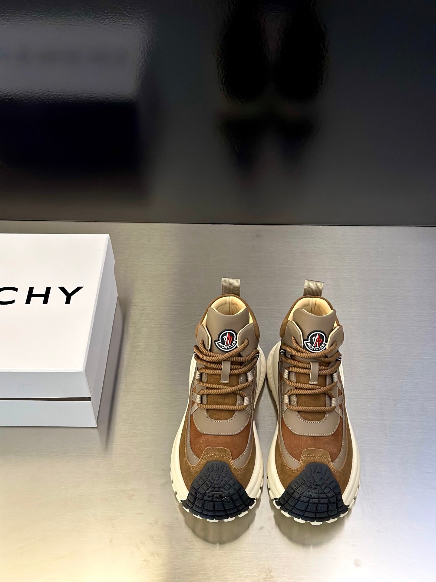 Moncler sneakers in tan suede with beige laces and chunky white sole, logo patch
