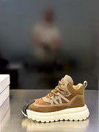 Moncler mid sneakers with tan suede, beige lace-up front, and thick white sole