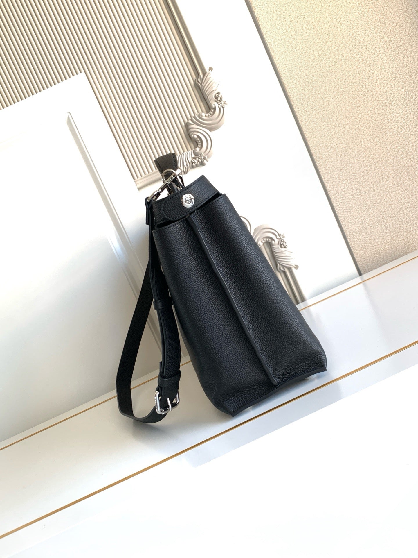 Fendi handbag in dark navy with long crossbody strap and top zipper
