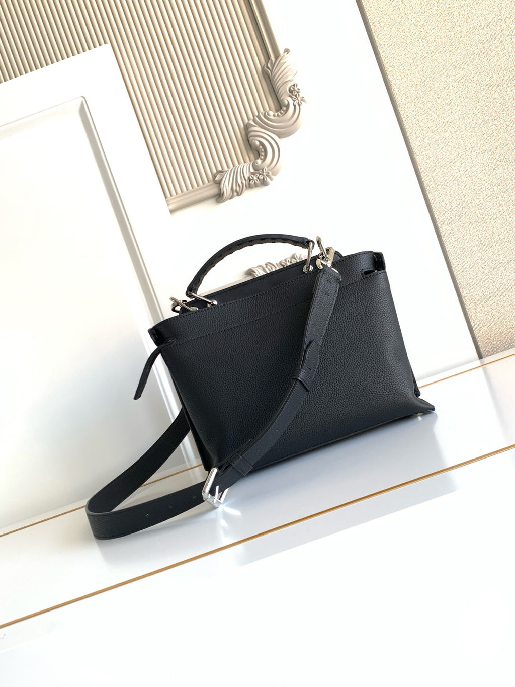 Fendi structured leather handbag with adjustable shoulder strap, black.