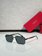 Prada square sunglasses with dark lenses and black metal frame