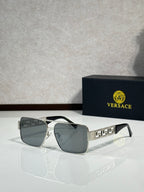 Versace sunglasses with silver frames and dark gray lenses