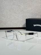 Clear-lens eyeglasses with silver frame and blue-tinted temple detail
