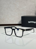 Black eyeglasses with blue-tinted lenses and gold-tone hinge details
