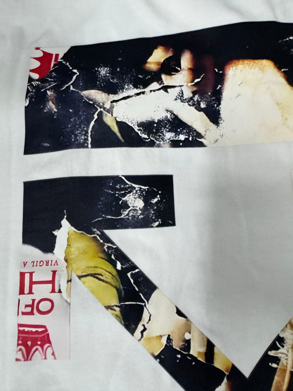 Off White T-shirt graphic detail, white fabric with bold dark artwork and red text