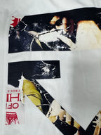 Off White T-shirt graphic detail, white fabric with bold dark artwork and red text