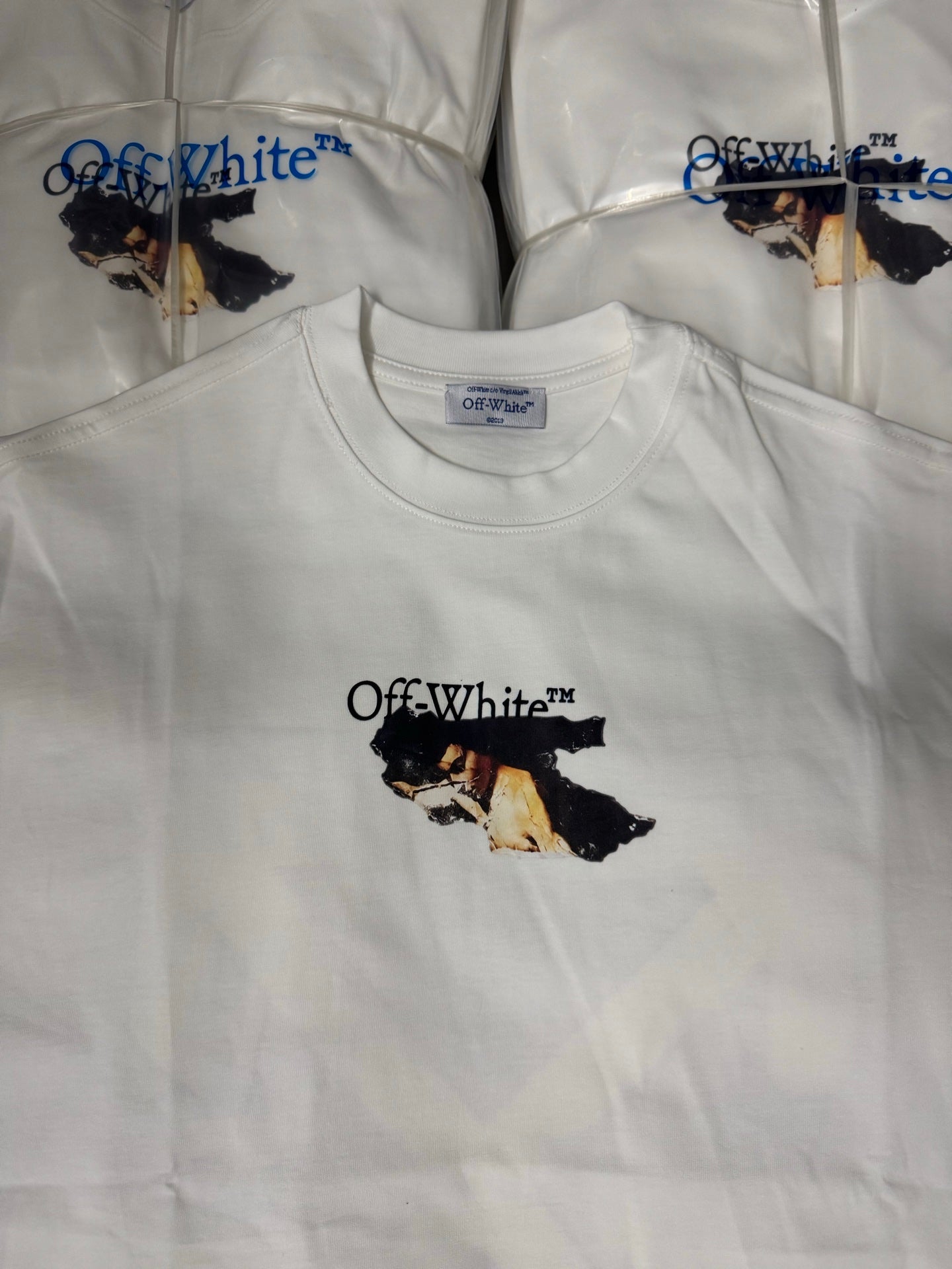 Off White T-shirt, white crewneck with large chest graphic and brand logo
