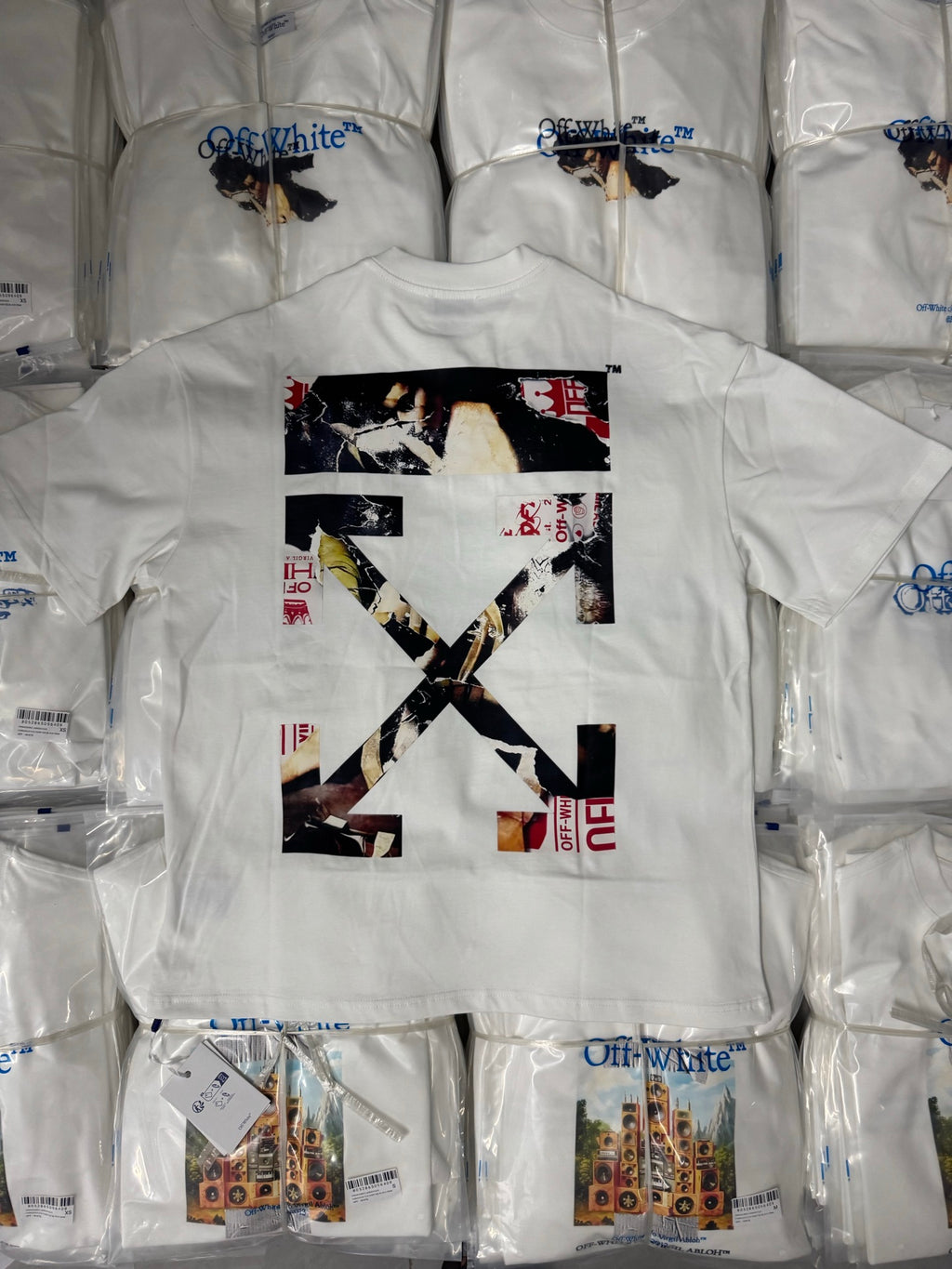 Off White T-shirt, white crewneck with large X-style artwork on front