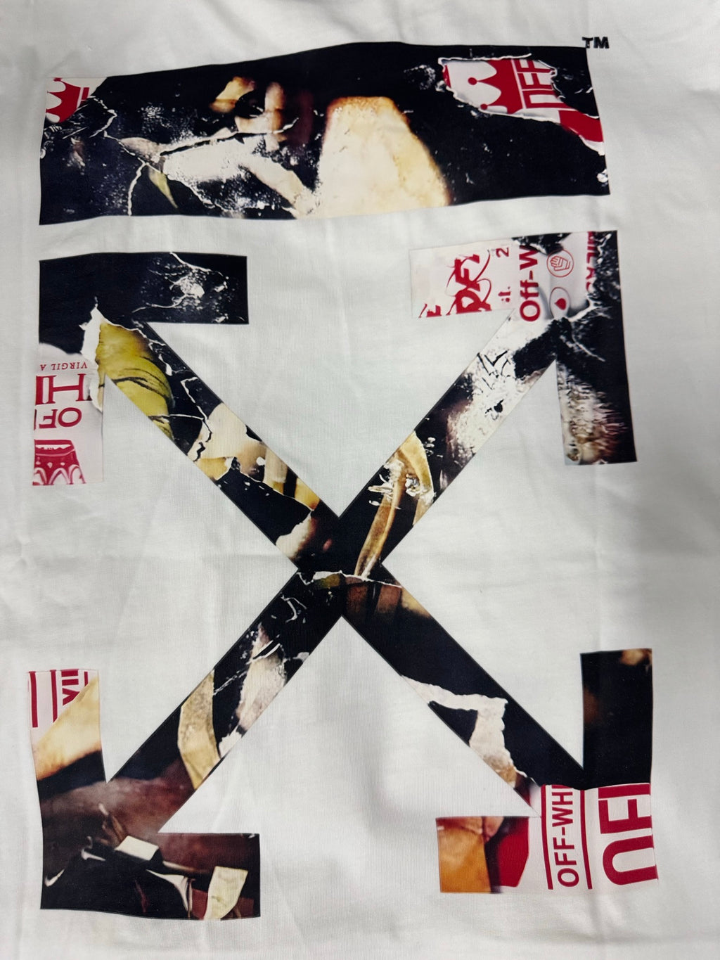 Off White T-shirt artwork detail, white fabric with large X graphic