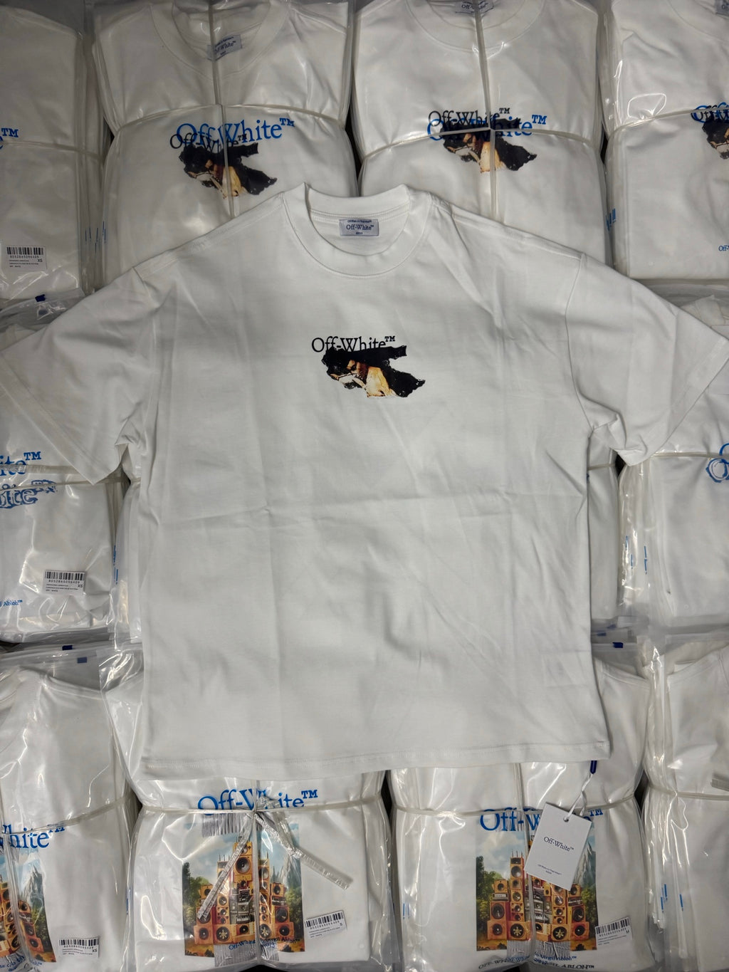 Off White T-shirt, white crewneck with small chest graphic and brand logo