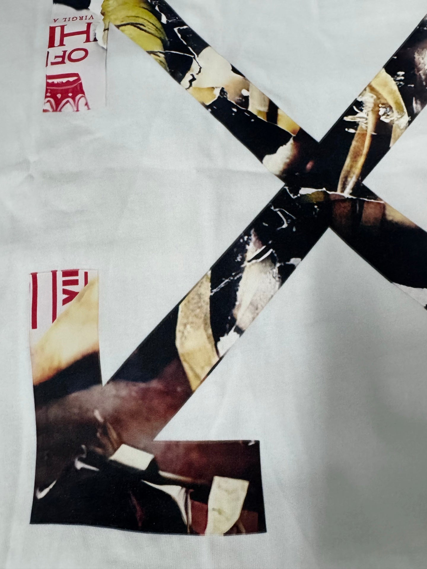 Off White T-shirt detail, white fabric with red and dark graphic blocks