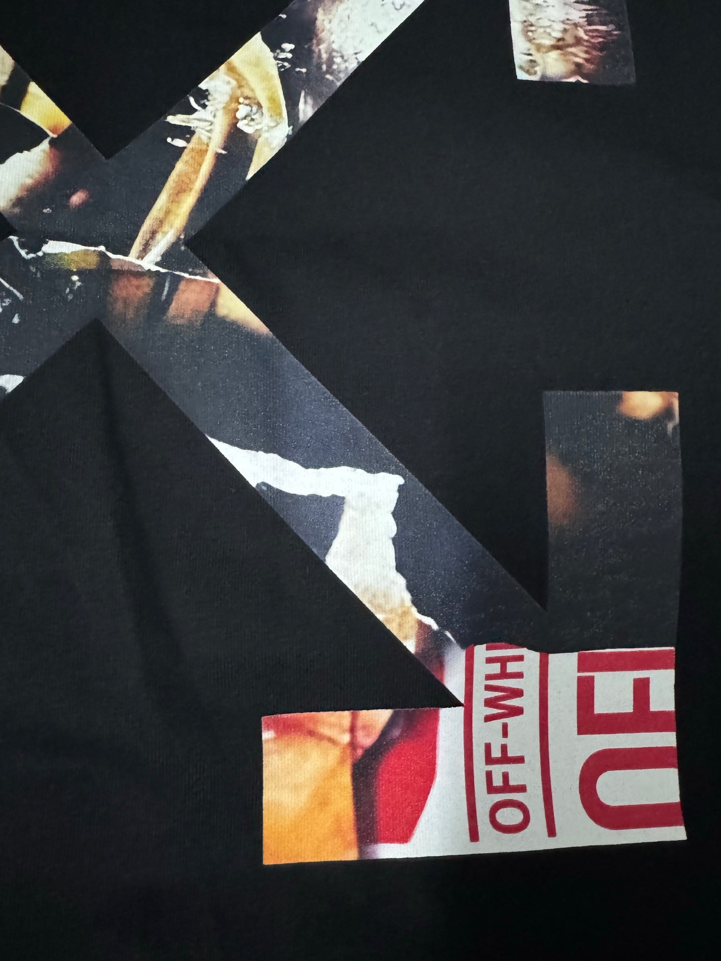 Off-White T-shirt back detail, dark black, geometric graphic with red Off-White blocks