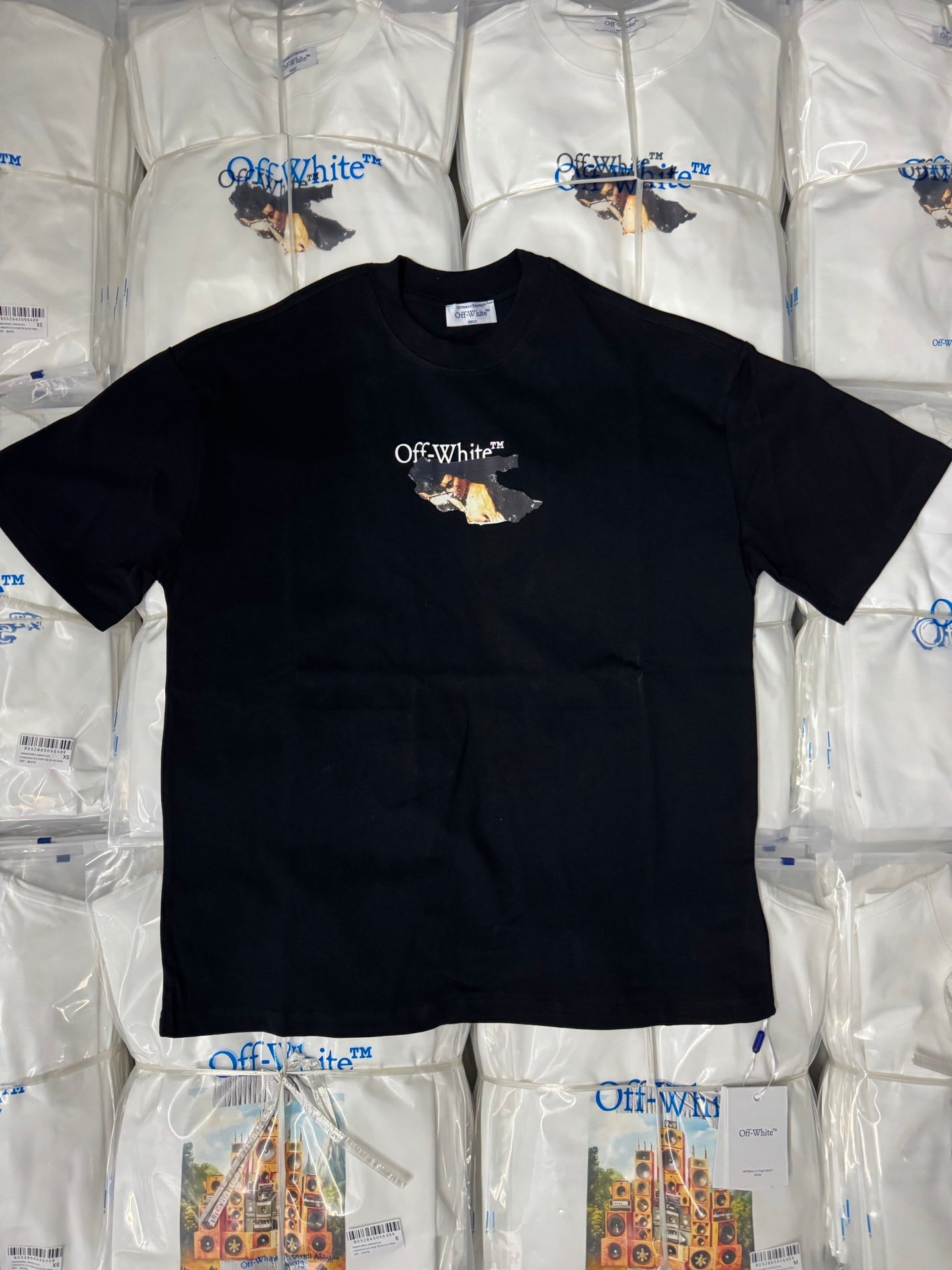 Black T-shirt with Off-White chest logo and photo-collage graphic