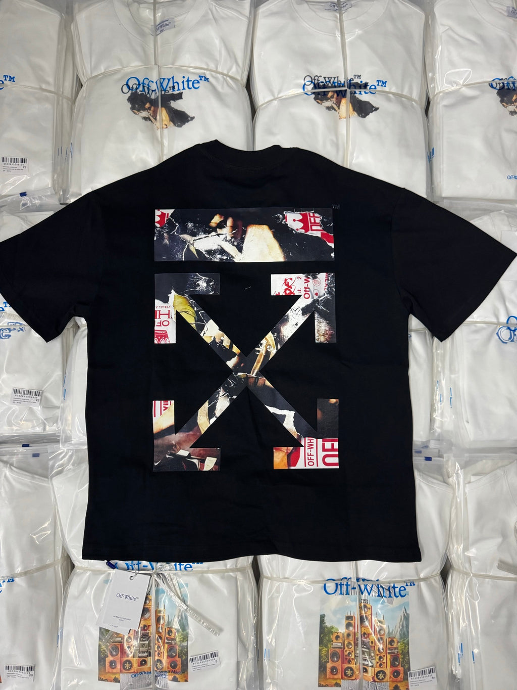 Black T-shirt with large back graphic print and logo text on reverse