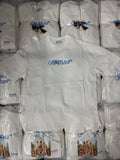 Off-White T-shirts, white with blue logo print on folded shirts in packaging
