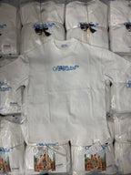 Off-White T-shirts, white with blue logo print on folded shirts in packaging
