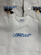 Off-White T-shirt with crew neck and blue logo print on the chest