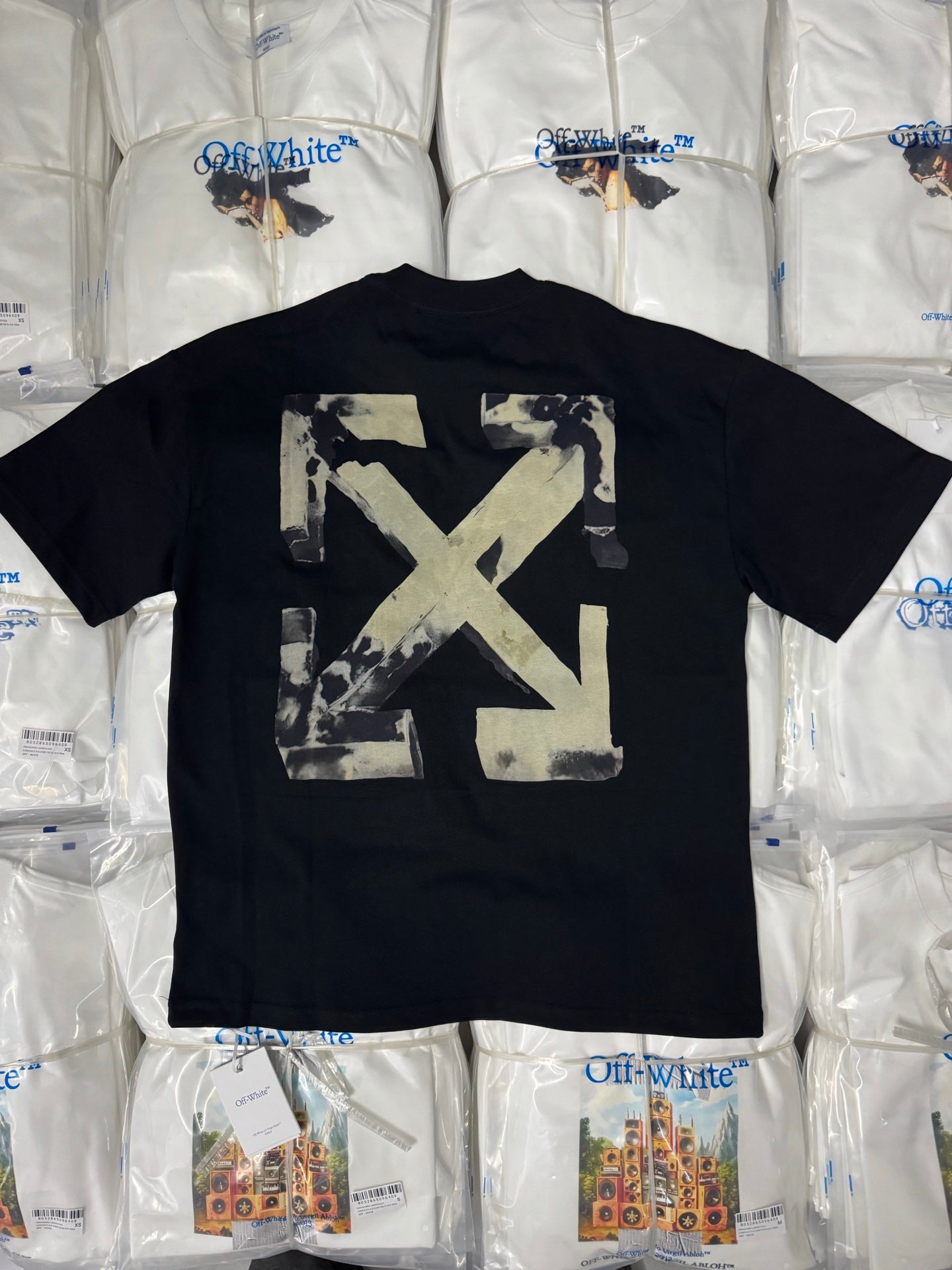 Black T-shirt with large Off-White X graphic on the back