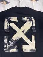 Black T-shirt close view: large Off-White X graphic in off-white