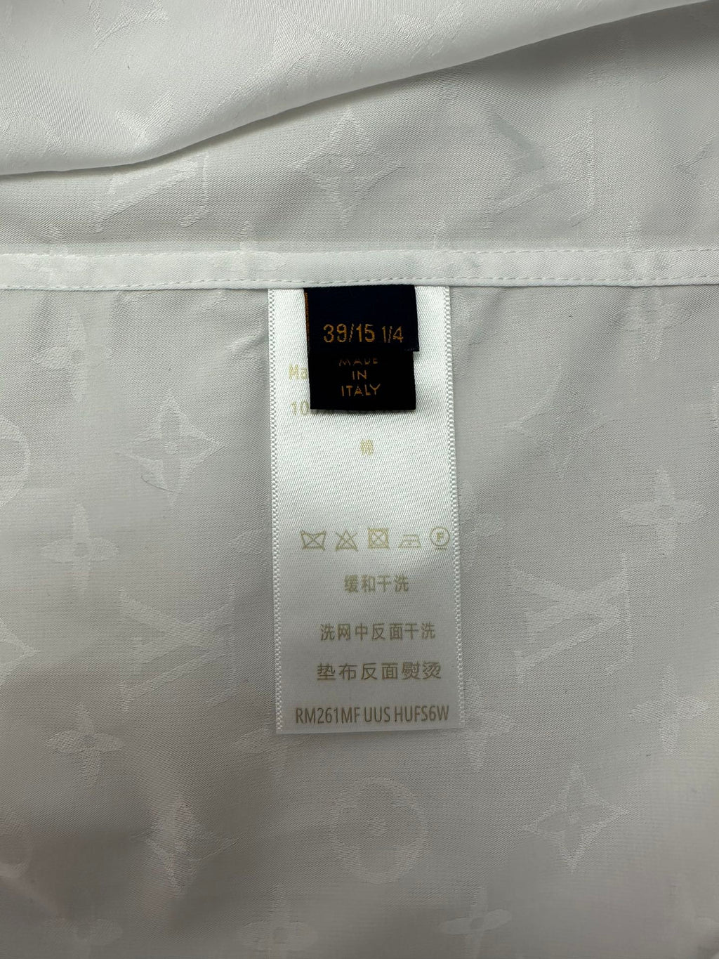 Louis Vuitton white shirt interior size tag with Italy label and care details