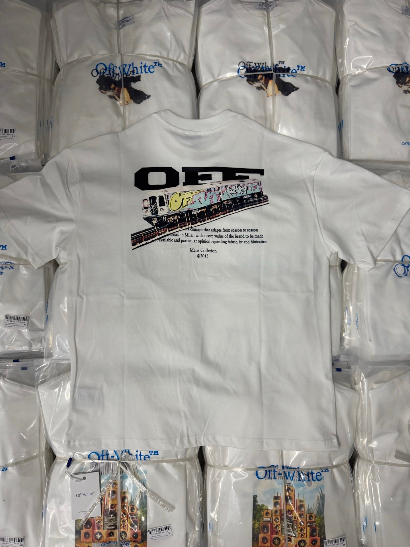 Off-White off-white T-shirt with black “OFF-WHITE” logo-style graphic and text