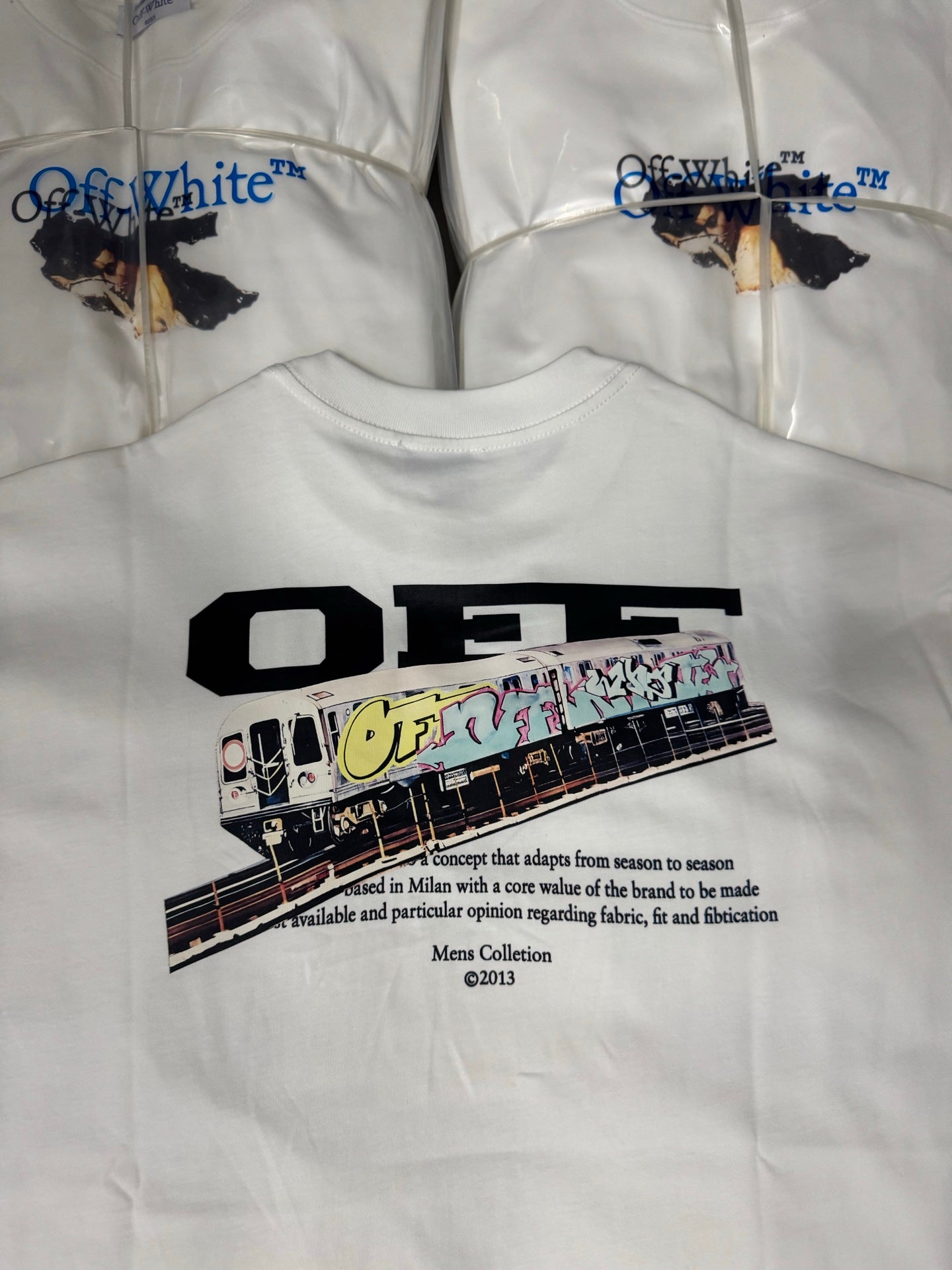 Off-White off-white T-shirt with large “OFF-WHITE” graphic and small descriptive text