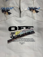 Off-White white T-shirt with large 'OFF' graphic and concept paragraph text