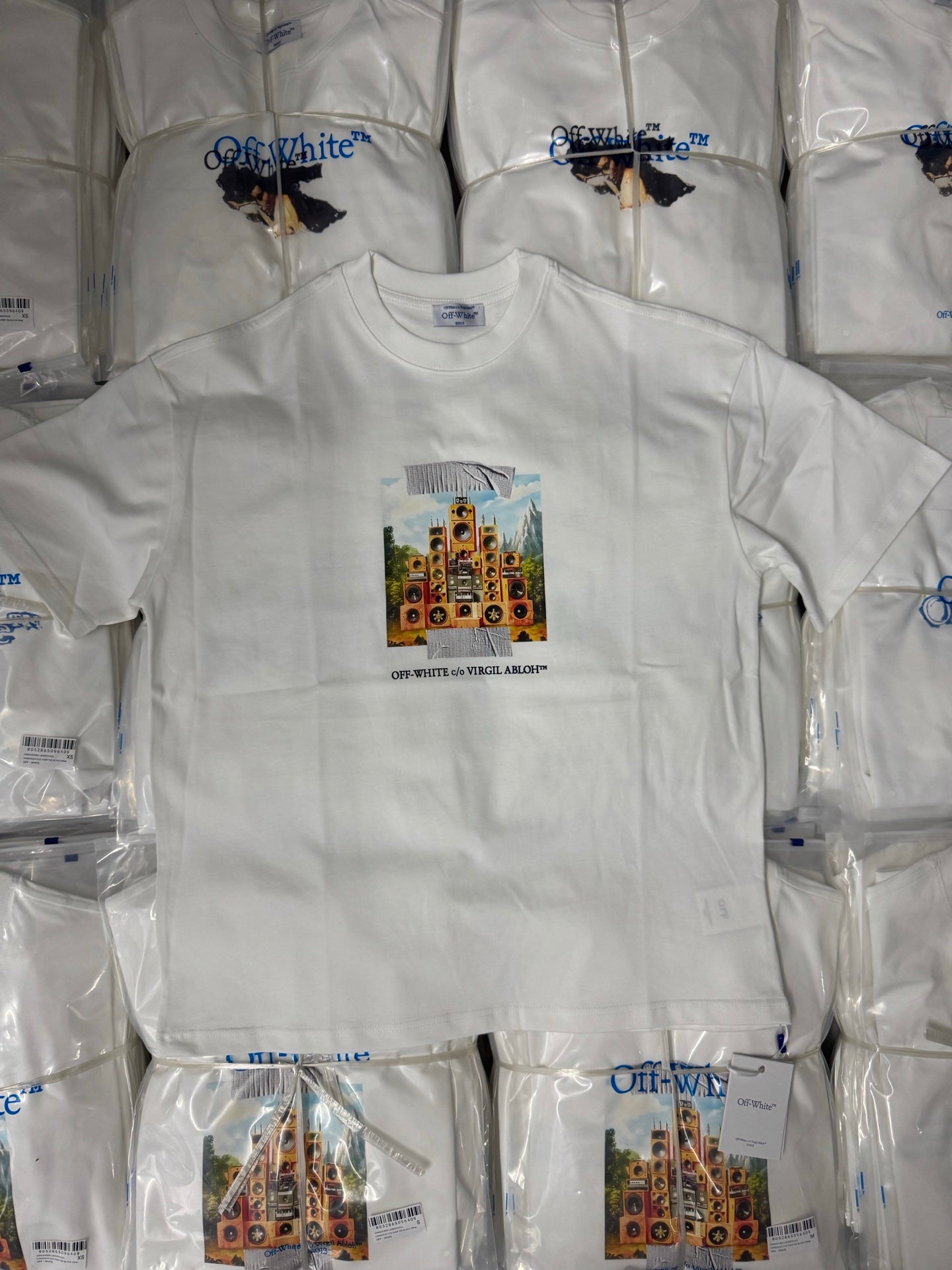 Off-White white T-shirt with colorful speaker tower front graphic