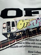Off-White white T-shirt with graffiti 'OFF' lettering and paragraph text