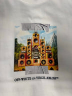 Off-White off-white T-shirt with speaker pyramid artwork and bottom caption