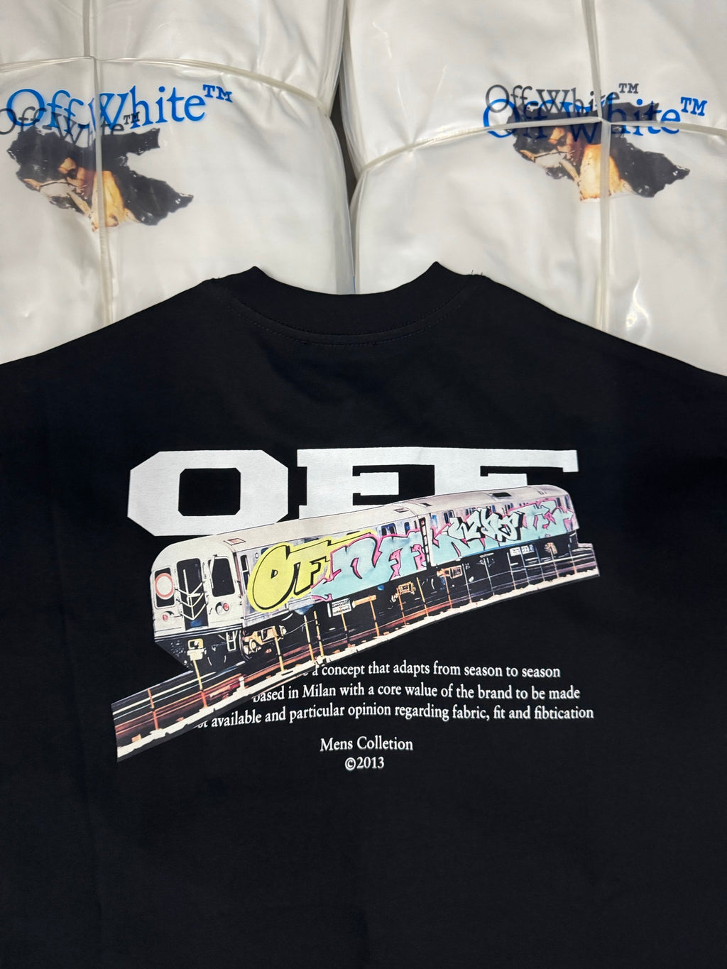 Off-White dark graphic T-shirt with large white lettering and vehicle graphic