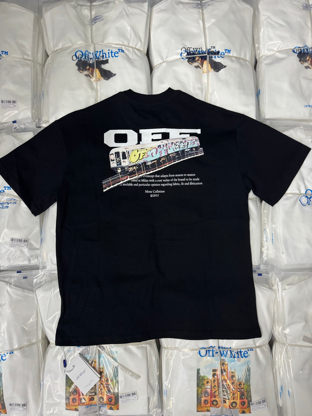 Off-White dark graphic T-shirt with multicolor vehicle graphic and typography