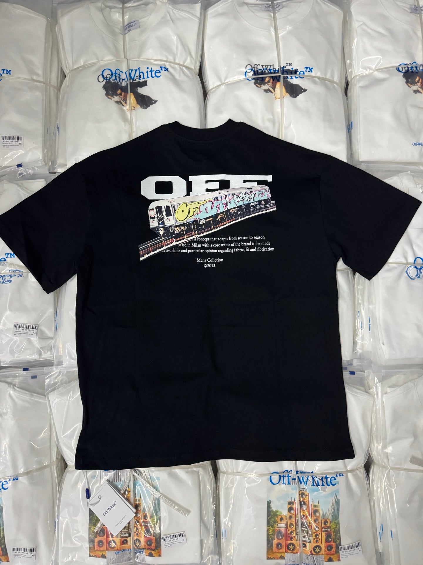 Black T-shirt with bold white “OFF” text and bus graphic at center