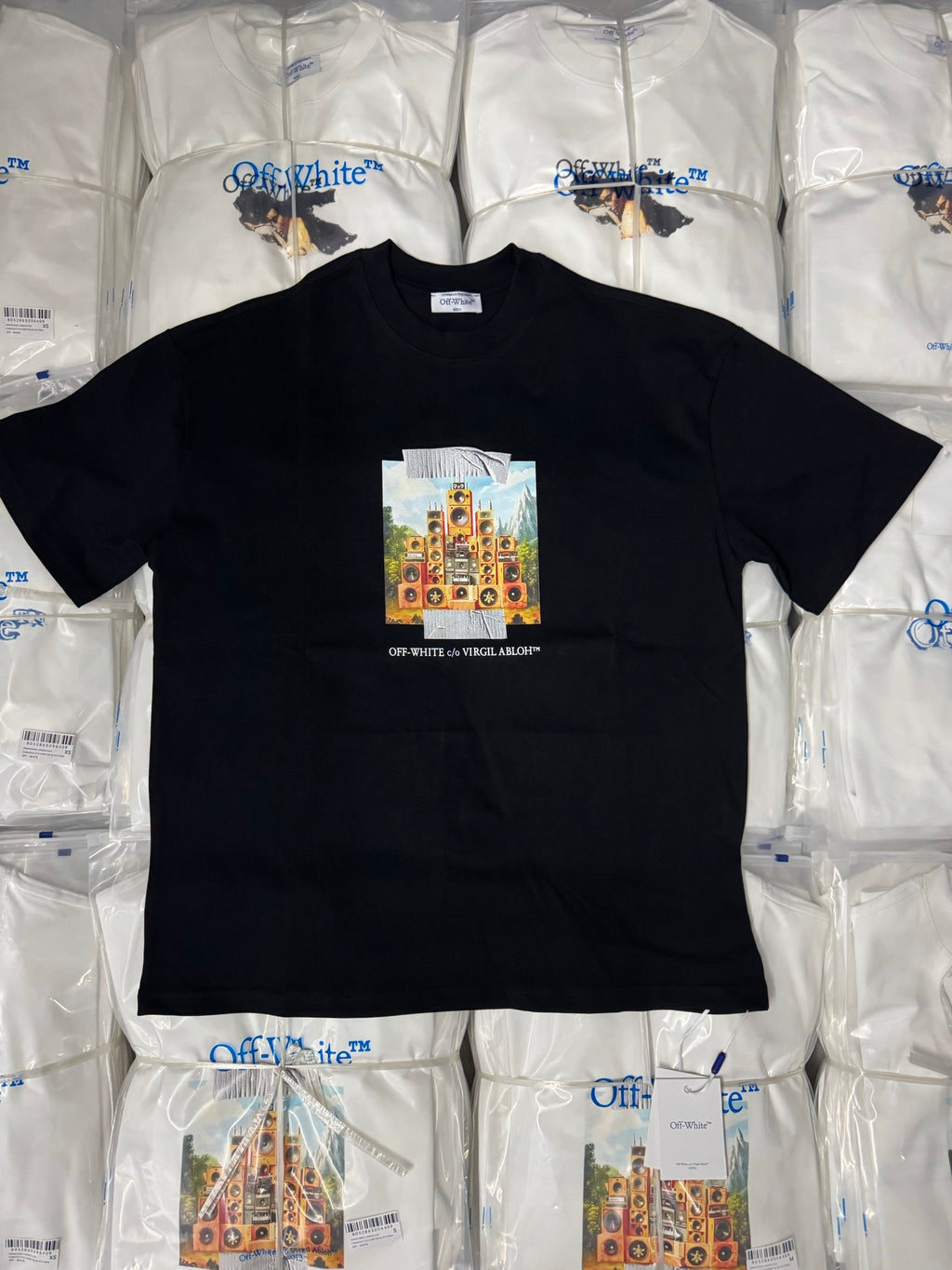 Off-White dark graphic T-shirt with colorful speaker tower print