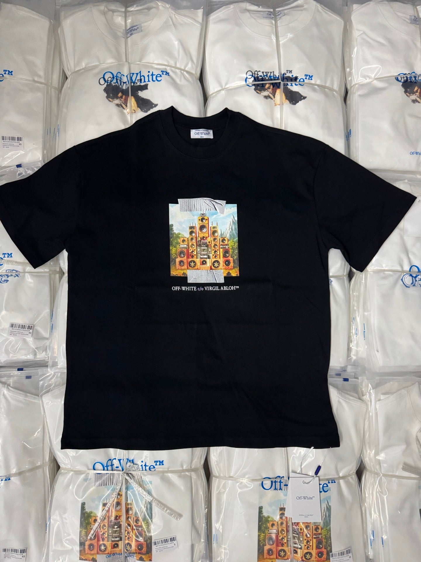Off-White dark graphic T-shirt with colorful speaker tower print