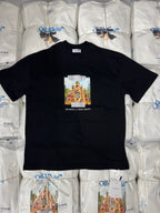 Black T-shirt with large speaker graphic and small brand text at center front
