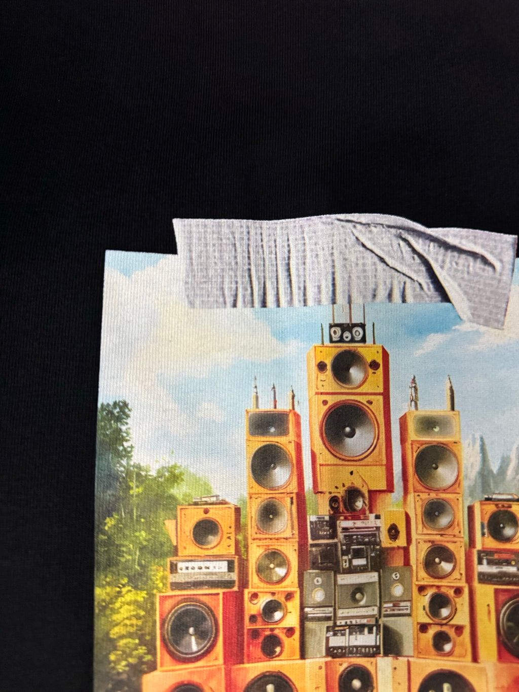 Off-White dark graphic T-shirt close-up of speaker tower print